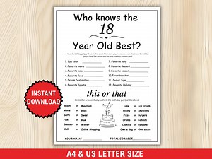 Who Knows the 18 Year Old Best, 18th Birthday Game Printable, 18th Birthday Party Games, 18th Birthday Quiz,18th Birthday Game for Boy, Girl - Etsy