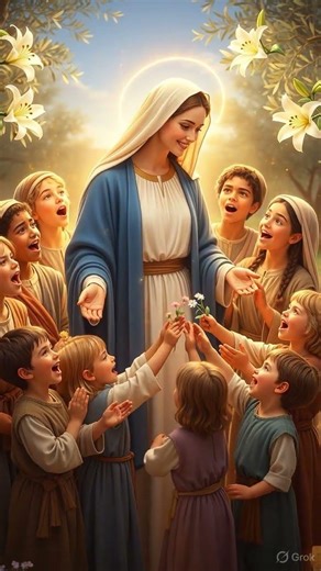 “A Glimpse of Heaven | Mother Mary Surrounded by Children” #MotherMary #catholicfaith