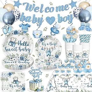 cocomigo 213PCS Blue Baby Boy Shower Decorations Tableware Set, 25 Serves Disposable Plates and Napkins Set, with Cake Topper, Centerpieces, Banner, Tablecloth, for Baby Boy Baby Shower Decorations