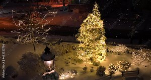 Pretty live Christmas tree outside at night. Lights on evergreen, Victorian lamp post in fresh winter snowfall. Flurries.