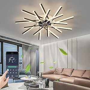 36 Inches Ceiling Fan with Lights Remote Contro Dimmable LED, 6 Gear Wind Speed Line Fan Lights, Black