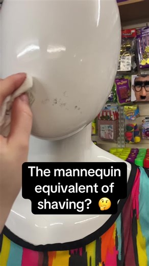 Got to ‘shave’ the mannequin before he can be transformed for the window display 🤣 Excellent proof our moustaches will last the entire party (don’t worry a bit of soup and water will remove any glue left 😉) #windowdisplay #70s #moustachesoftiktok #80s #funny