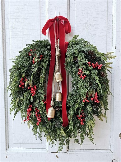 Rustic Christmas Wreath for Front Door, Faux Cedar, Red Velvet Ribbon, Gold Bells - Etsy