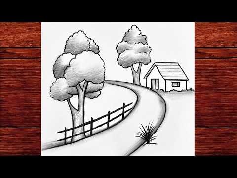 Beautiful Village Scenery Drawing with Pencil | Easy Landscape Step by Step for Beginners