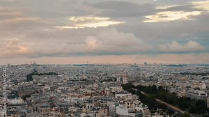 Aerial panoramic view of France Paris, Paris Arc de Triomphe Triumphal Arch Avenue des Champs Elysees Parisian architecture at sunset