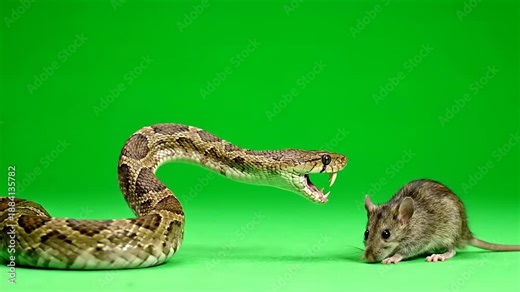 A dramatic moment captured as a powerful python with its mouth wide open, poised to strike a tiny mouse on a vibrant green background, illustrating the intense predator-prey relationship in the wild