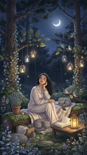 Moonlit Forest Clearing | Cozy Midnight Anime Lantern Scene