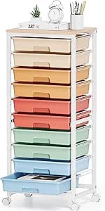 Rolling Cart with Drawers,10 Drawer Rolling Cart,Storage Cart with Wheels,Utility Cart with Drawers,Teacher Cart for Classroom Storage,Craft Cart with Wheels and Wooden Tabletop,Rainbow