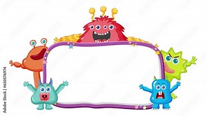 Cute alien monster friends cartoon character at black border frame isolated.