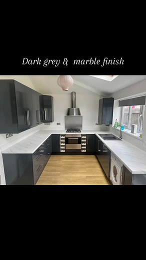 Elegant Dark Grey & Marble Finish Farm Style Kitchen Renovation