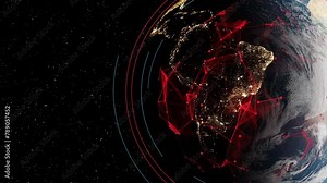 space view of planet earth globe spinning illuminated at night with electromagnetic connection data big city rendering animation