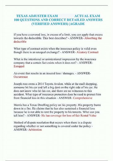 Latest Texas Adjuster Exam Actual Exam 100 Questions And Correct Detailed Answers Verified Answers