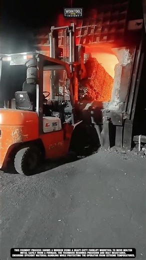 Handling molten metal safely at foundry using heavy worktool forklift