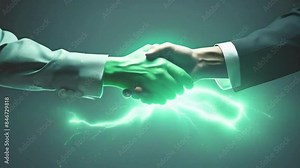Animation of two hands shaking hands with an electric glow coming from them.