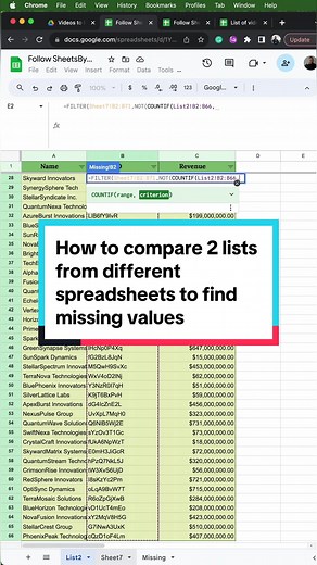 How to compare two lists from different spreadsheets to find missing values Formulas/features: #filterformula #notformula #countif #importrange #comparinglists @SheetsbyOlan - original video @SheetsbyOlan - formula contruction explanation @SheetsbyOlan - compare more than 2 lists #worksmarternotharder #googlesheetstutorial #googlesheetstips #learngooglesheets #googlesheets #gsheets #data #spreadsheet #LearnOnTikTok