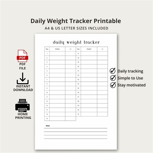 Daily Weight Tracker PDF • One Page Weight Loss Log Printable • Minimalist Daily Weigh-in Sheet • Fitness Progress Chart • Instant Download - Etsy