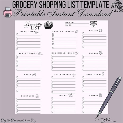 Printable Grocery Shopping List Template - Etsy