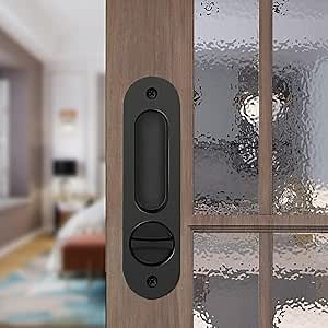 Pocket Door Lock Hardware with Key, Sliding Door Lock Invisible Recessed Handle Latch Pocket Door Lock for Bedroom, Kitchen, Barn Door (Black)