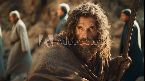 Prophet Moses raises staff with power. God grants miracle as Moses shows faith. Robe flows in desert wind. Staff glows in light. Faith in God and prophet staff brings divine power, light, and command