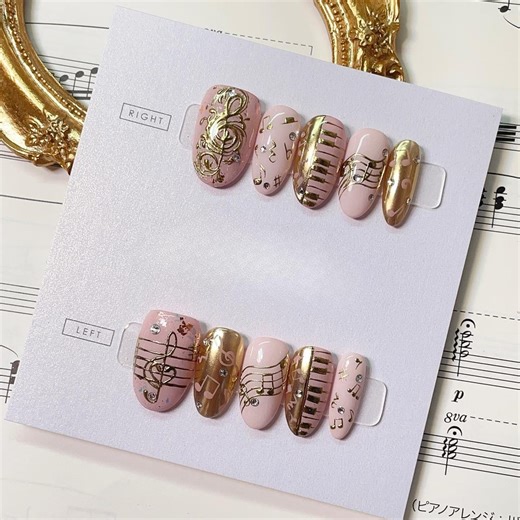 Music Note Press on Nails, Pink Gold Piano Nails, Elegant Musical Nails, Almond Shape Nails, Cute Aesthetic Nails - Etsy