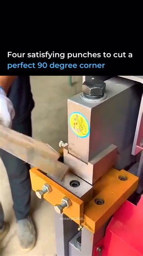 @sneakpeakai on Instagram: "This hydraulic corner notcher is a workhorse in metal fabrication shops around the world. It uses a sequence of four precise punches to cleanly remove material and form a perfect 90-degree corner in thick steel. The cuts stay smooth with no burrs, which is why metalworkers rely on these machines when accuracy matters. You’ll find them everywhere from construction to HVAC manufacturing because every panel and bracket needs corners that line up without guesswork. Doing 