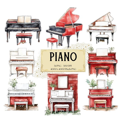 Watercolor Piano Clipart, Antique Musical Instrument PNG (digital Download) - Etsy