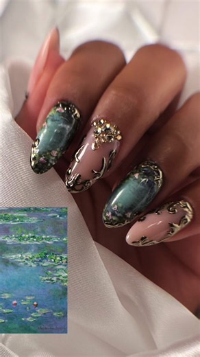 Water lilies by claude monet🎨🖼️🧑‍🎨 i had so much creating these nails🥹 i was feeling inspired & wanted to collide art with nail art! Once upon a time ago I thought of pursing art after highschool, and even though my path took a turn when I went to the University of Toronto, I found my way back to my paintbrush just a few years later🥹 These are the nails I will be rocking at the award show coming up this Saturday! Wish me luck for #NailTechoftheYear at the Toronto Hair & Beauty Awards by @c