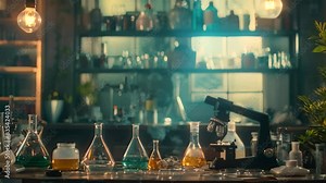 A scientific laboratory filled with numerous flasks containing different colored liquids, alongside a microscope on a table, A science lab with bubbling beakers and microscopes