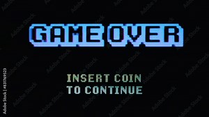 Real TV capture: a retro vintage 8-bit game over screen (insert coin to continue) with blocky pixelated text; flashing and hue shift effects; black background.