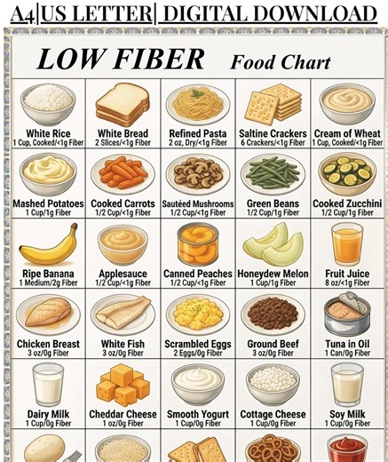 Low Fiber Food List Printable | Low Residue Grocery List | Easy-to-digest Snacks & Meals | Low Fiber Food Chart PDF - Etsy