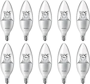 Philips 458695 LED B12 Dimmable Candle Light Bulb with Warm Glow Effect: 500-Lumen, 2700-2200 Kelvin, 7-Watt (60-Watt Equivalent), E12 Candelabra Base, Soft White, 10-Pack
