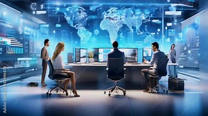 professionals implementing a digital transformation strategy. Feature visualizations of data flows, smart office gadgets, and a collaborative environment showcasing a blend of human expertise.