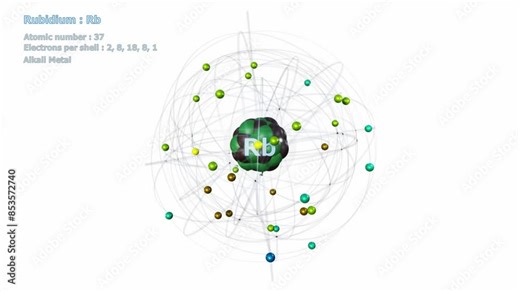 Atom of Rubidium with 37 Electrons in infinite orbital rotation on a white background