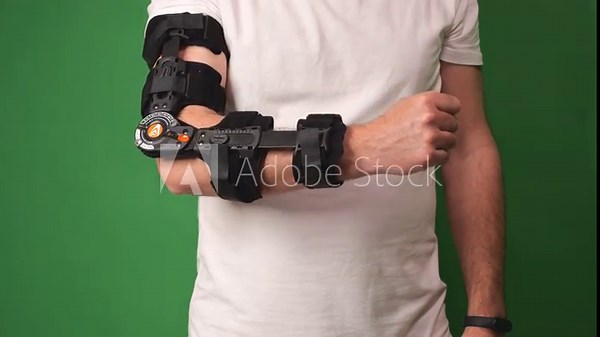 In a white shirt, a man demonstrates an elbow brace by bending his elbow, explaining how it helps recover from injuries.
