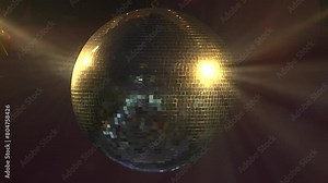 VJ Background Gold Disco Ball on Particles. Neon Disco ball seamless VJ loop animation for music broadcast disco party.