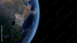 Fly Zoom into Kenya, Nairobi, through space to see the country map region from above from space. Detailed map Showing area, HD and 4K. Animation.