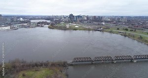 Dynamic drone footage over the flooding Ottawa River of downtown. Stock Video