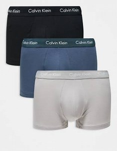 Calvin Klein Cotton Stretch 3 pack low rise trunks in black/grey/blue | ASOS