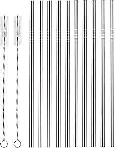 Set of 10 Stainless Steel Straws, HuaQi Straight Reusable Drinking Straws 10.5'' Long 0.24‘’ Dia for 30 oz Tumbler and 20 oz Tumbler, 2 Cleaning Brush Included (10 Straight Straw + 2 Brushes）