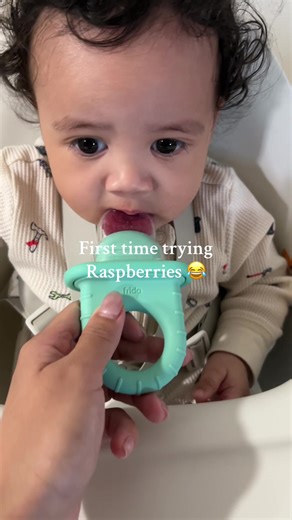 First Time Trying Raspberries with Baby Food Feeder