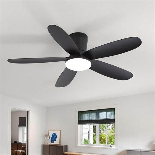 Check The Home Depot's Q&A Before Buying: Breezary Charlie 42 in. Standard Black Flush Covered Outdoor Ceiling Fan with LED Light, Black Blade and Remote Control Included