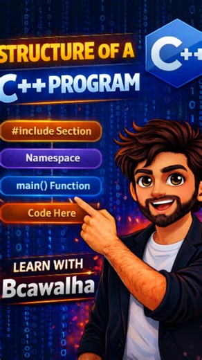 𝐂𝐨𝐝𝐞 𝐖𝐢𝐭𝐡 𝐁𝐂𝐀𝐰𝐚𝐥𝐡𝐚 on Instagram: "Structure of a C++ Program 🔥 Day 15/100🎯👨🏻‍💻 #CppProgramming #CProgramming #ProgrammingTutorial #CodingBasics #LearnCpp #CppTutorial #Programming #Coding #CodeStructure #IncludeIostream #MainFunction #HelloWorldCpp #ComputerProgramming #ProgrammingLife #Coder #Developer #CodingLife #LearnProgramming #CppCode"