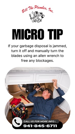 Bill the Plumber on Instagram: "🔧 Quick Tip to Fix a Jammed Garbage Disposal! If your garbage disposal is jammed, turn it off and manually turn the blades using an allen wrench to free any blockages. Easy fix for a smoothly running kitchen! 📞 Call us for more info: 941-845-6711 🌐 Visit us: billtheplumber.com #PlumbingTips #GarbageDisposal #DIYPlumbing #PlumbingFixes #BillThePlumber #HomeImprovement #PlumbingSolutions #PlumberLife #KitchenTips #PlumbingHelp #GarbageDisposalFix #PlumbingExperts