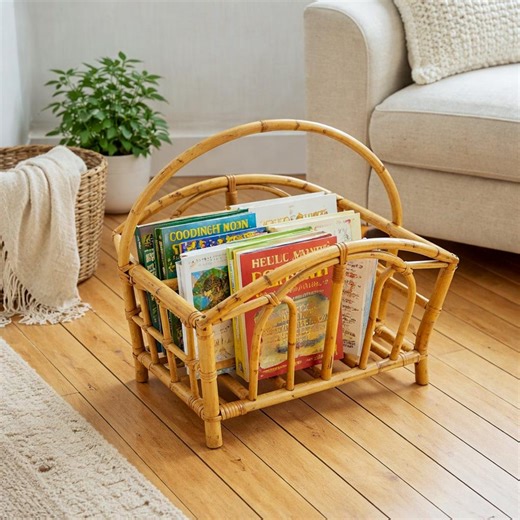 Vintage Rattan Magazine Rack – Boho Wicker Book Holder, Nursery Storage Basket - Etsy