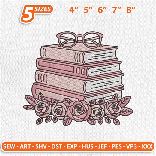 Floral Stacked Books Embroidery Design, Wildflower Reading Machine File, Book Lover Gift, Instant Download - Etsy