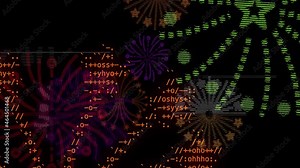 ASCII character set animated fireworks with multiple colors.