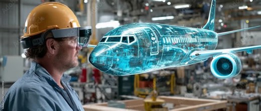 Engineer's Vision: An engineer, hard hat in place, gazes at an augmented reality overlay of an aircraft, demonstrating cutting-edge technology in aerospace engineering.
