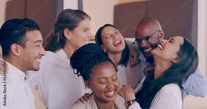 Business team, happiness and teamwork laughing of office diversity and working community. Collaboration and happy corporate company group with a funny joke and worker solidarity of job support