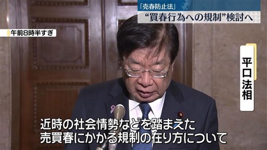 売春防止法で“買春行為への規制” 平口法相「必要な検討を進める」