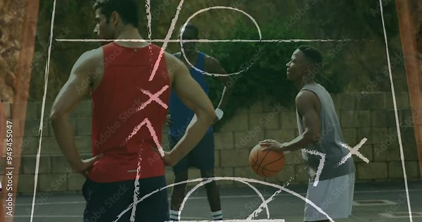 Basketball strategy animation over players on outdoor court